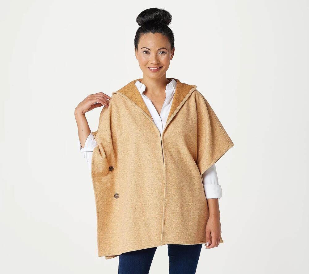 Denim&Co Heathered Cozy Button Side Poncho Sweater Harvest Gold XS